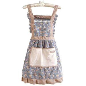 Apron Bib Sweet Vintage Retro Vibe  Pockets Waist Tie Floral Polka Dot Tan Blue